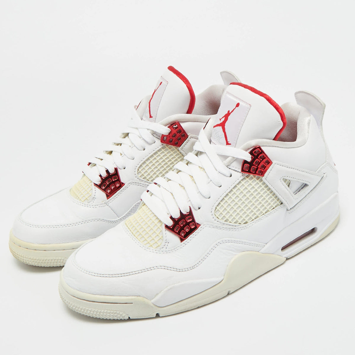 Air Jordans White Leather Jordan 4 Retro Metallic Red Sneakers