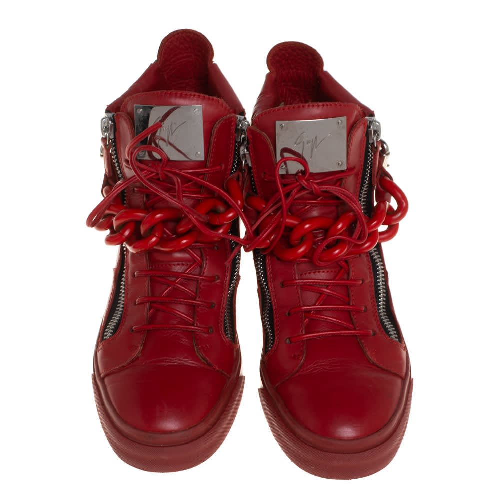 Giuseppe Zanotti Red Leather Chain Detail High Top Sneakers