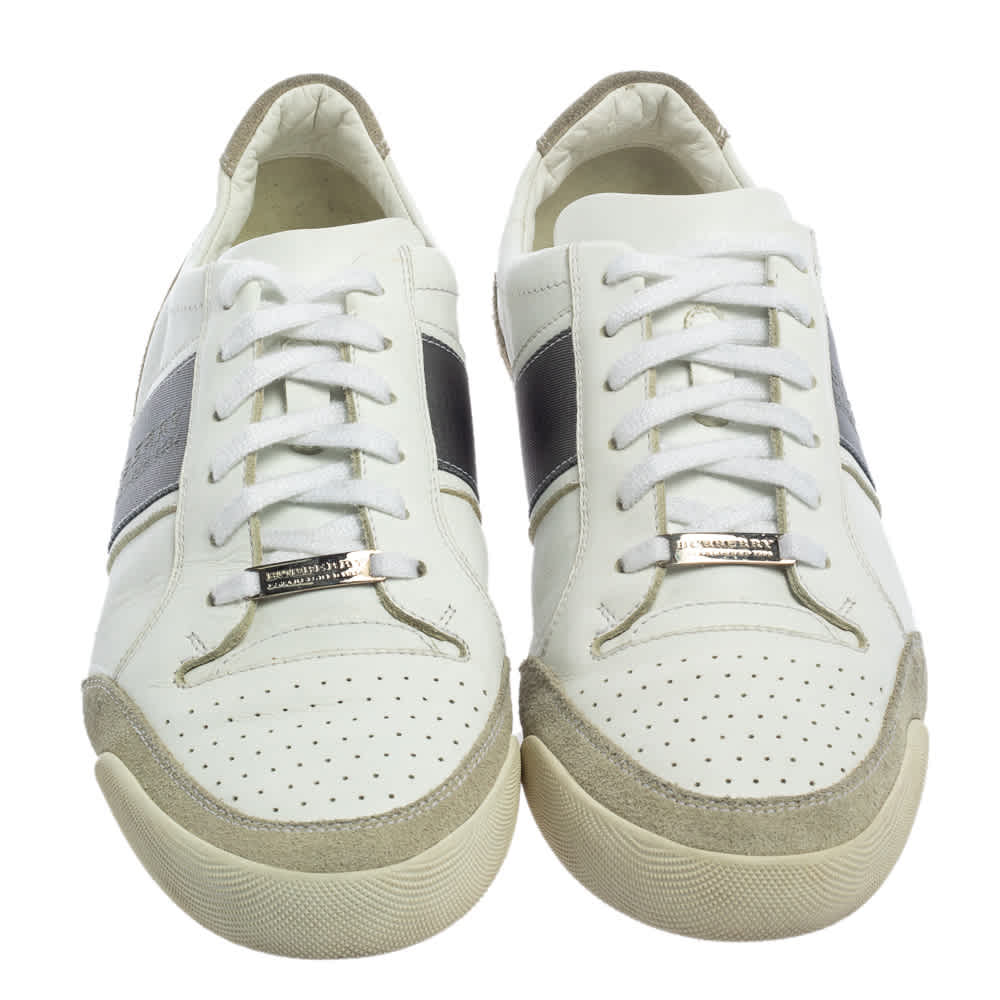 Burberry White/grey Leather And Suede Lace Up Sneakers