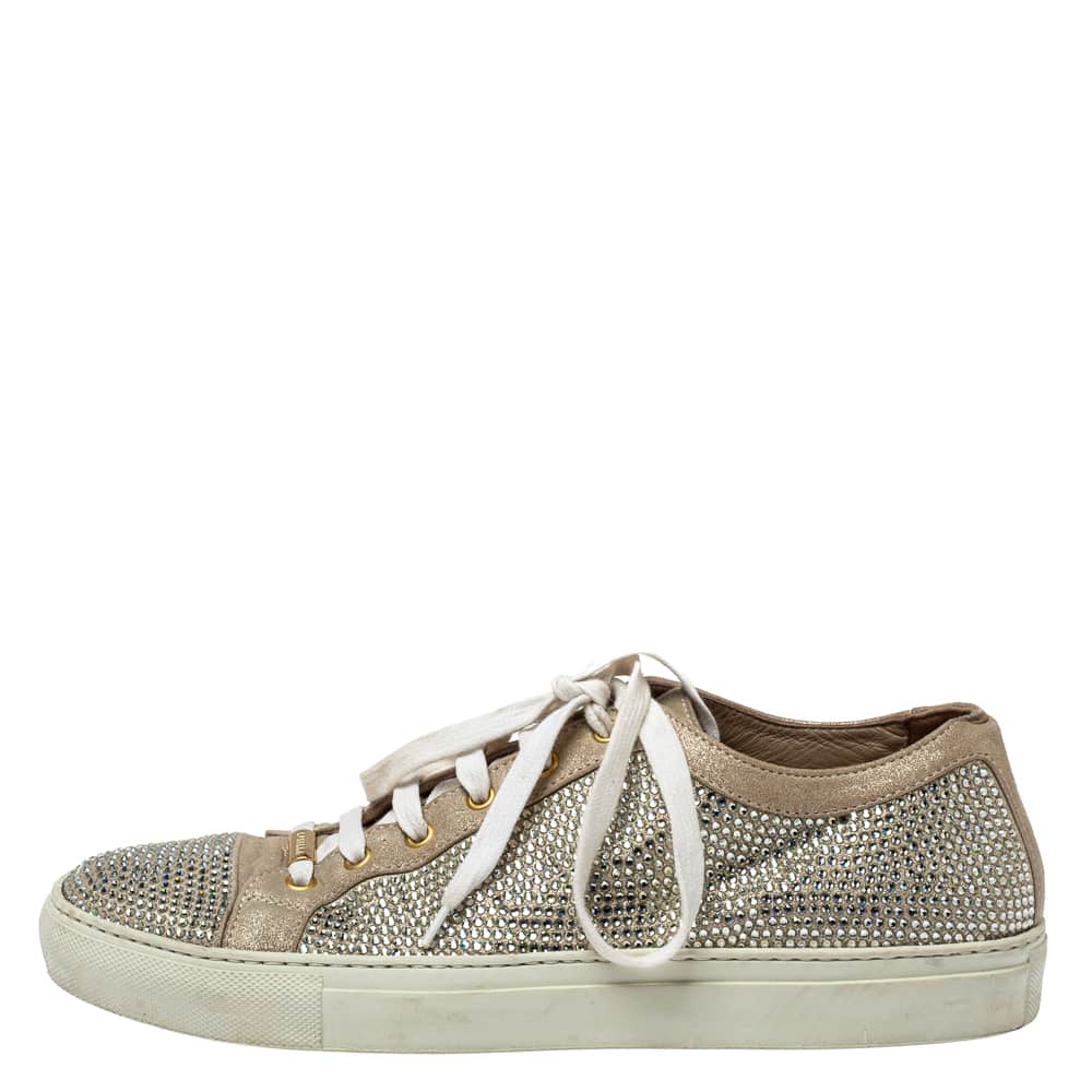 Le Silla Metallic Beige Crystal Embellished Suede Low Top Sneakers