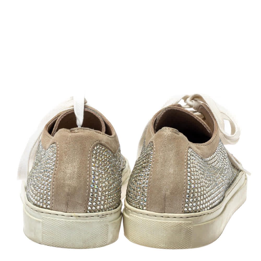 Le Silla Metallic Beige Crystal Embellished Suede Low Top Sneakers