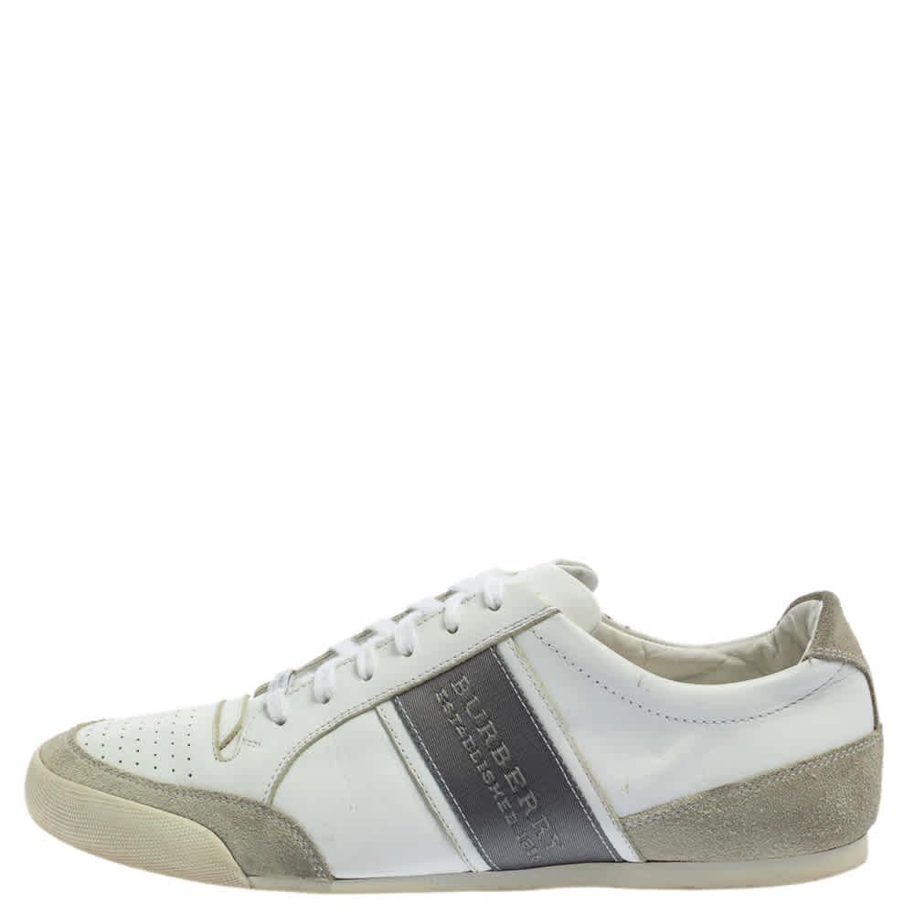 Burberry White/grey Leather And Suede Lace Up Sneakers
